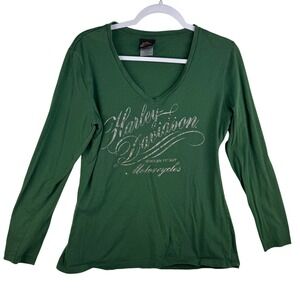Harley-Davidson Womens Green V-Neck Long Sleeve T-Shirt BikeTown Youngstown L